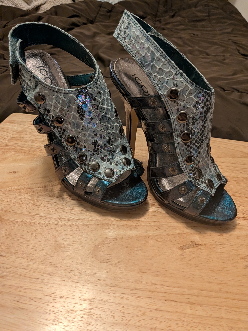 ICORA Snake-Print Studded Strappy High Heels